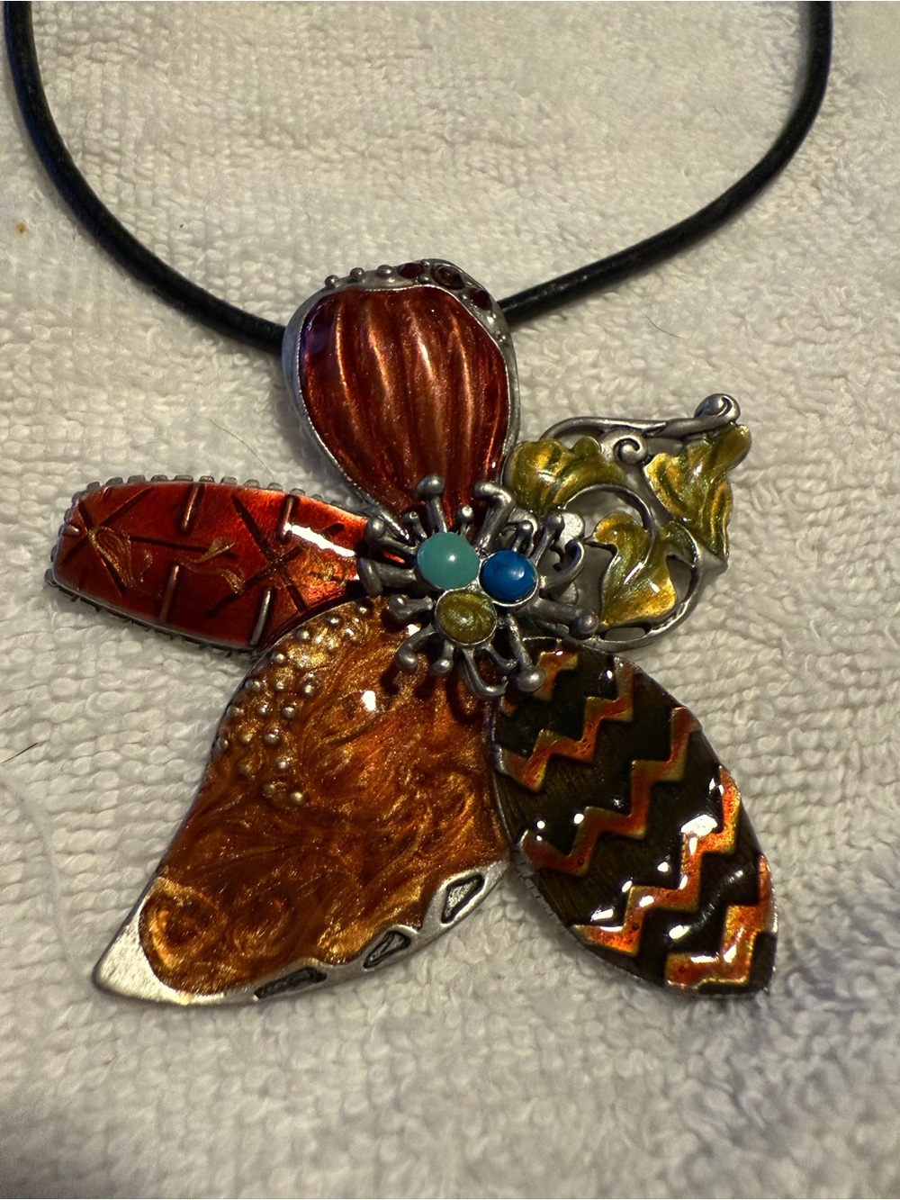 Chico’s Artisan Multicolor Flower Pendant Necklace with leather necklace